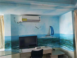 宾馆包间墙面整体彩绘 墙面翻新墙绘 海景风景手绘壁画