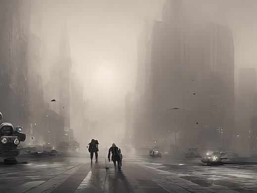#AI创作实验室#战后的街道蒙雾尽头是一头机器人