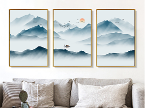 新中式抽象意境水墨山水三联装饰画