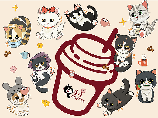 44 coffee｜美式复古logo 咖啡x小猫咪