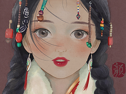 手繪水墨藏族女孩頭像插畫