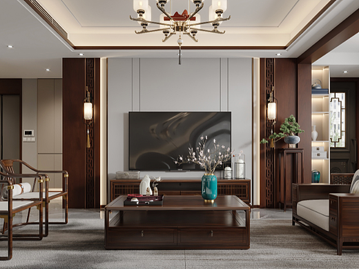 中式客厅餐厅（个人主页-ZNjIyMDQ3ODg=） - 家装设计 - 站酷设计师韩熙媛原创素材 - 站酷ZCOOL