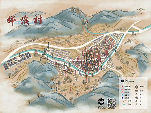 美丽乡村古风手绘地图水墨古建筑山水插画