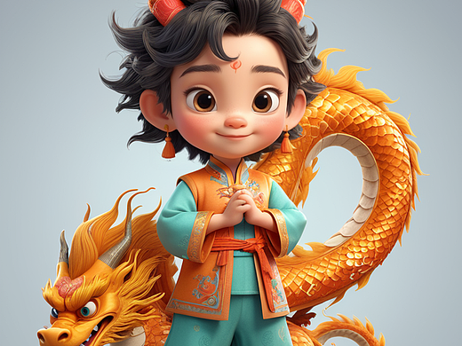 卡通小男孩和小龙