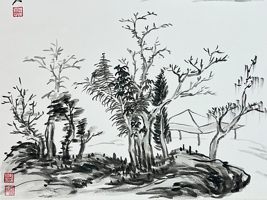 临摹董其昌仿倪瓒，水墨中国山水画《云林小景图》