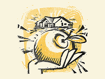 Linocut label of apple wine.