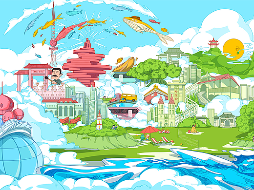 青岛地标手绘墙