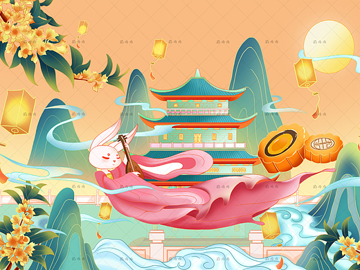 玉兔起舞广寒宫国潮插画
