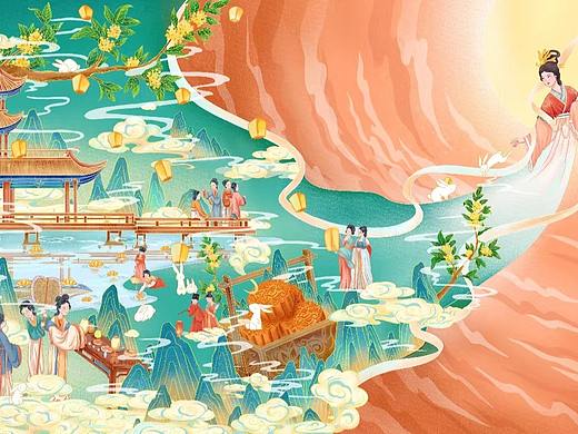 中秋主题国潮插画《月夜花灯》