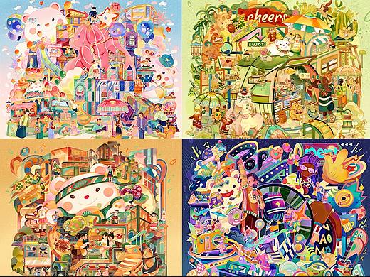 时尚扁平风插画 四张延展（亲子、露营、商场、音乐）