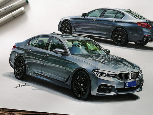 马克笔汽车手绘  BMW530i