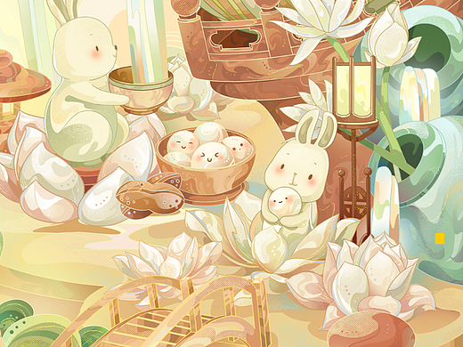 国潮插画-爱元宵三五风光，月色婵娟，灯火辉煌。