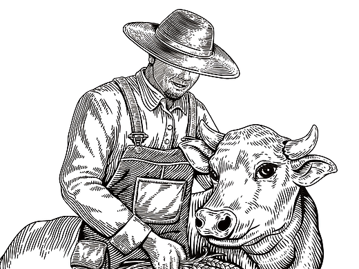 版画风格插画 农夫与牛