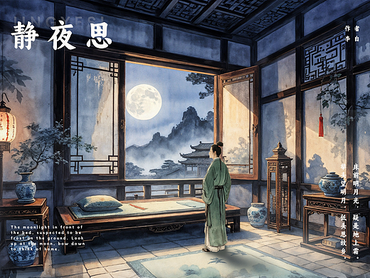 《静夜思》WHEEx站酷 AI绘古韵（个人主页-ZNjgxODM5MzI=） - AI作品 - 站酷设计师柏霖smile原创素材 - 站酷ZCOOL