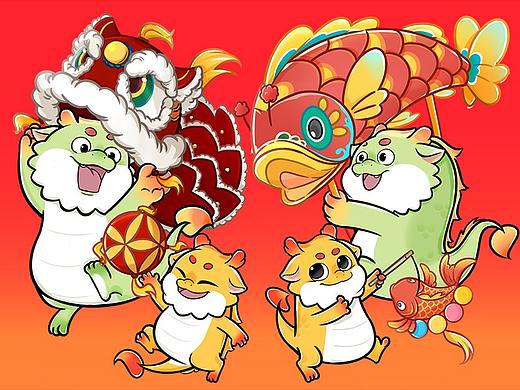 敖呜新年喜庆四联图