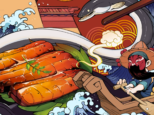 烤鱼插画-美食国潮