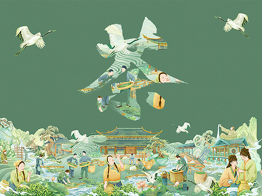 国潮制茶插画长卷