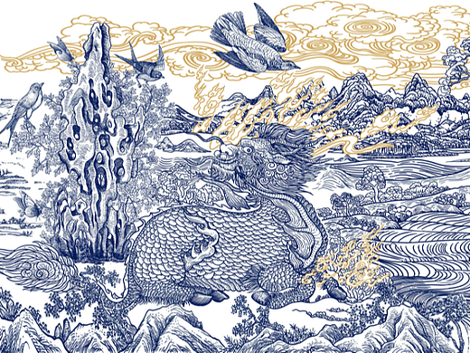 山海经麒麟版画，酒茶包装插画设计