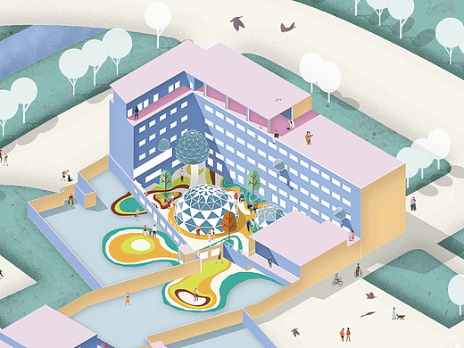 校园建筑学院中庭设计  插画风格