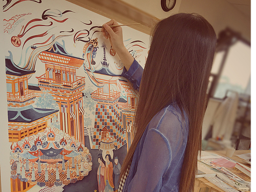 端木良锦《净土楼阙》丝巾图案手绘版画创作