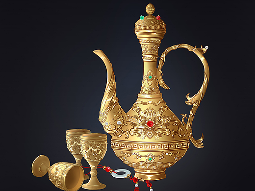 鎏金镶珠酒壶、酒杯