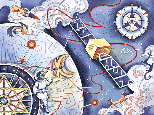 北斗卫星 太空 插画