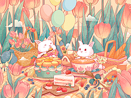 【插画】春日郁金香野餐的萌兔们