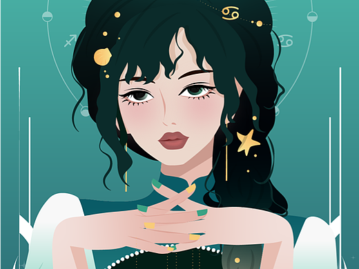 矢量时尚十二星座女孩插画｜巨蟹座