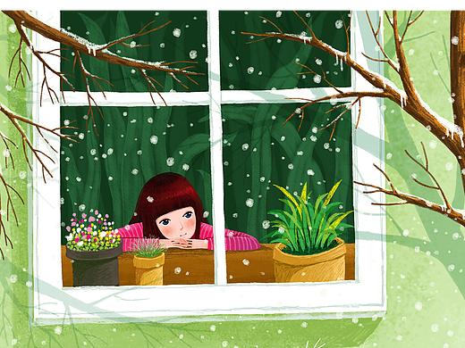 被雪人吻过的女孩以及坐在叶片上的女孩插画绘制过程
