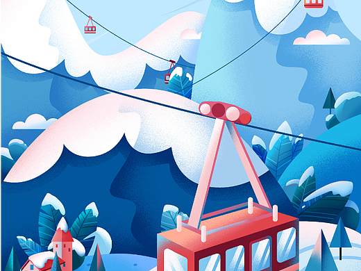 冬季雪山缆车噪点风插画