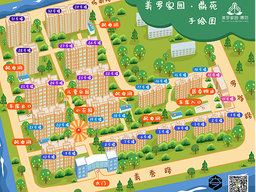 小区社区手绘地图卡通插画设计