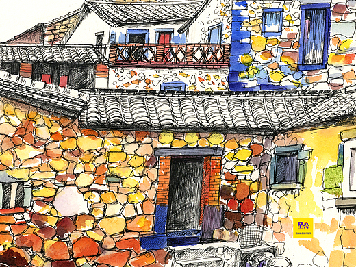线描彩色石头屋