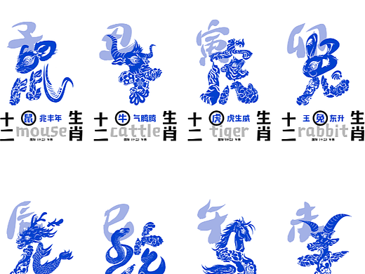 十二生肖字体设计青花瓷