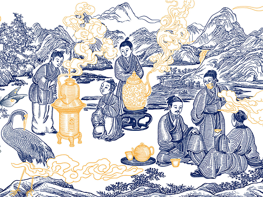 茶神陆羽品茗版画插画设计