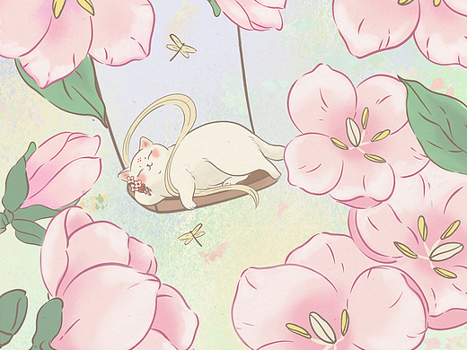 原创国风插画-【猫咪与花海】·无人知此意·歌罢满帘风