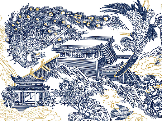 孔雀东南飞铜版画插画设计