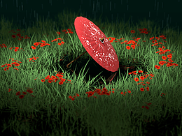 油纸伞飘落在花丛中