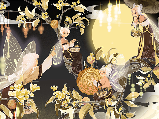 中秋节插画——花好月圆