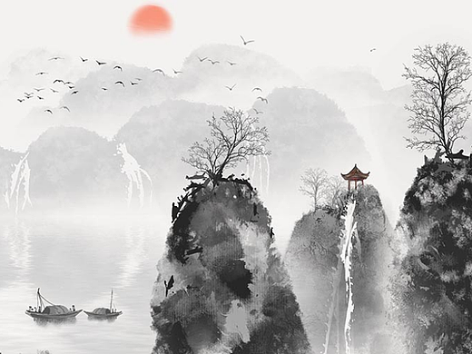 中国风淡雅意境山水画