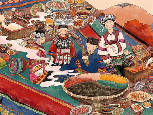 “生笙宴”黔东南地区苗族节日卷轴插画