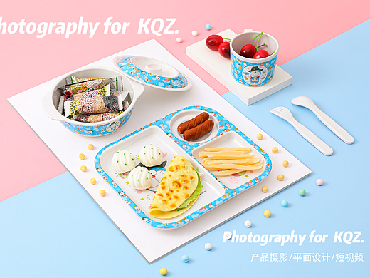 儿童碗静物/儿童餐具/卡纸风静物拍摄/糖果色