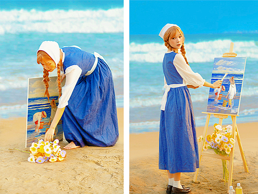 海边油画一样的绘画少女，后海是摄影师人造的