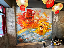 墻繪涂鴉 | 潮陽餐飲店墻繪雙舞獅戲珠 | 國潮舞獅壁畫
