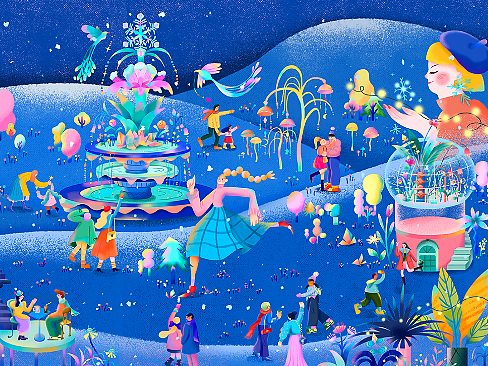 梦幻新春冬日冰雪浪漫氛围感灯光节| kv节日插画