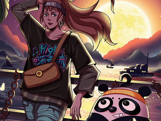 《夕阳下的街舞女孩与熊猫宠物》