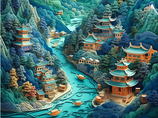 AI绘画 midjourney 中国剪纸风山水画