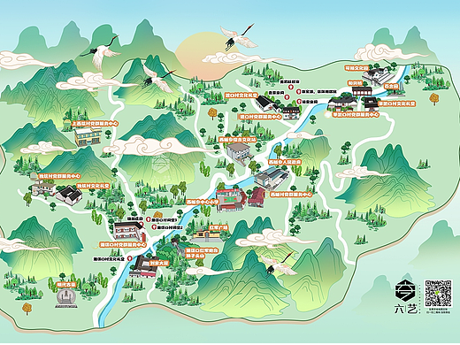 西畈乡手绘地图山水插画导览图
