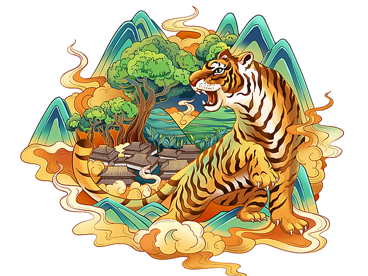云南普洱茶饼国潮老虎插画绘制