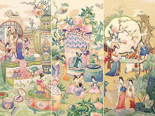 国潮插画-古风仕女美妆香水团扇系列插画