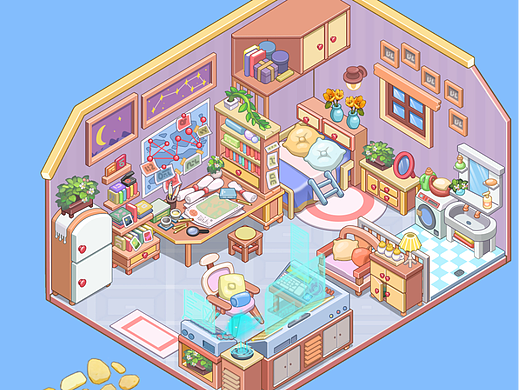 云朵小屋游戏室内设计，管理员小屋，Q版卡通家具